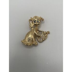Vintage Angel Harp Brooch Pin Gerry's Gold Tone Blue Rhinestone Christmas